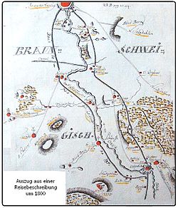 Historischer Lageplan mit dem Herrschaftlichen Weg zwischen Wolfenbüttel und Braunschweig