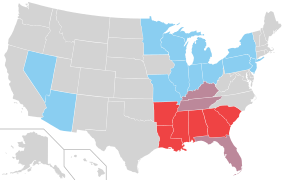 Implantations de White Castle aux États-Unis en 2008 (en bleu et en mauve). Les implantations de Krystal (en) sont en rouge et en mauve.