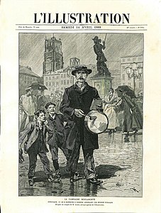 Campagne électorale boulangiste à Dunkerque : un crieur annonce une réunion publique (L'Illustration, 14 avril 1888).
