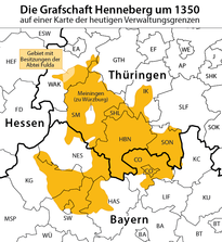 Lagekarte Grafschaft Henneberg um 1350, mit Schweinfurt (SW, unten li.)