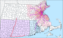 The MBTA Commuter Rail serves eastern Massachusetts and parts of Rhode Island, radiating from downtown Boston, with planned service to New Hampshire. The CTrail system operates the Shore Line East and Hartford Line, covering coastal Connecticut, Hartford, and Springfield, Massachusetts. MBTA Commuter Rail and funding district and CTrail lines.svg