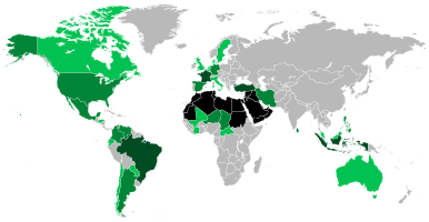 Countries with significant Arab population and descendants.
.mw-parser-output .legend{page-break-inside:avoid;break-inside:avoid-column}.mw-parser-output .legend-color{display:inline-block;min-width:1.25em;height:1.25em;line-height:1.25;margin:1px 0;text-align:center;border:1px solid black;background-color:transparent;color:black}.mw-parser-output .legend-text{}
Arab world
+ 5,000,000
+ 1,000,000
+ 100,000 Arab people around the world.svg