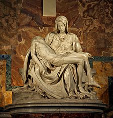 Michelangelo's Pietà, a depiction of the body of Jesus on the lap of his mother Mary after the Crucifixion,  was carved in 1499, when the sculptor was 24 years old.