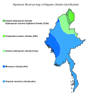 Skapa en artikel om Myanmars geografi, här ovan illustrerad med Myanmars klimatzoner.(eng) (es/sp)