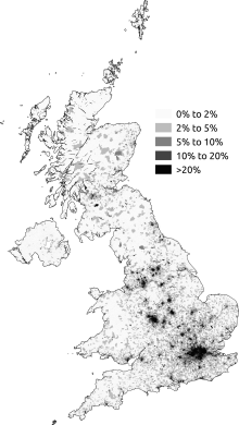 Map showing the percentage of the population who are not white according to the 2011 census. Non-white in the 2011 census.png