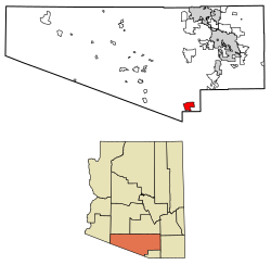 Location of Arivaca in Pima County, Arizona.