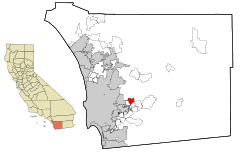 Lage von Lakeside im San Diego County (links) und in Kalifornien (rechts)