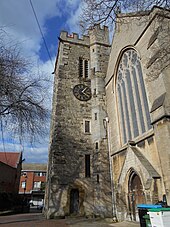 The west tower of St Andrew's Church, dating from the 13th or 14th century St Andrew's Church west tower 3.23.jpg