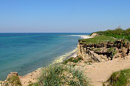 A steep coastline and beach that's lined with green grass