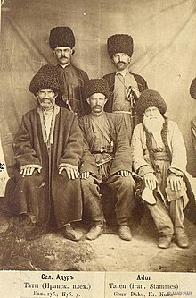 Tat men from the village of Adur in the Kuba Uyezd of the Baku Governorate of the Russian Empire Tat people from Adur (Azerbaijan).jpg