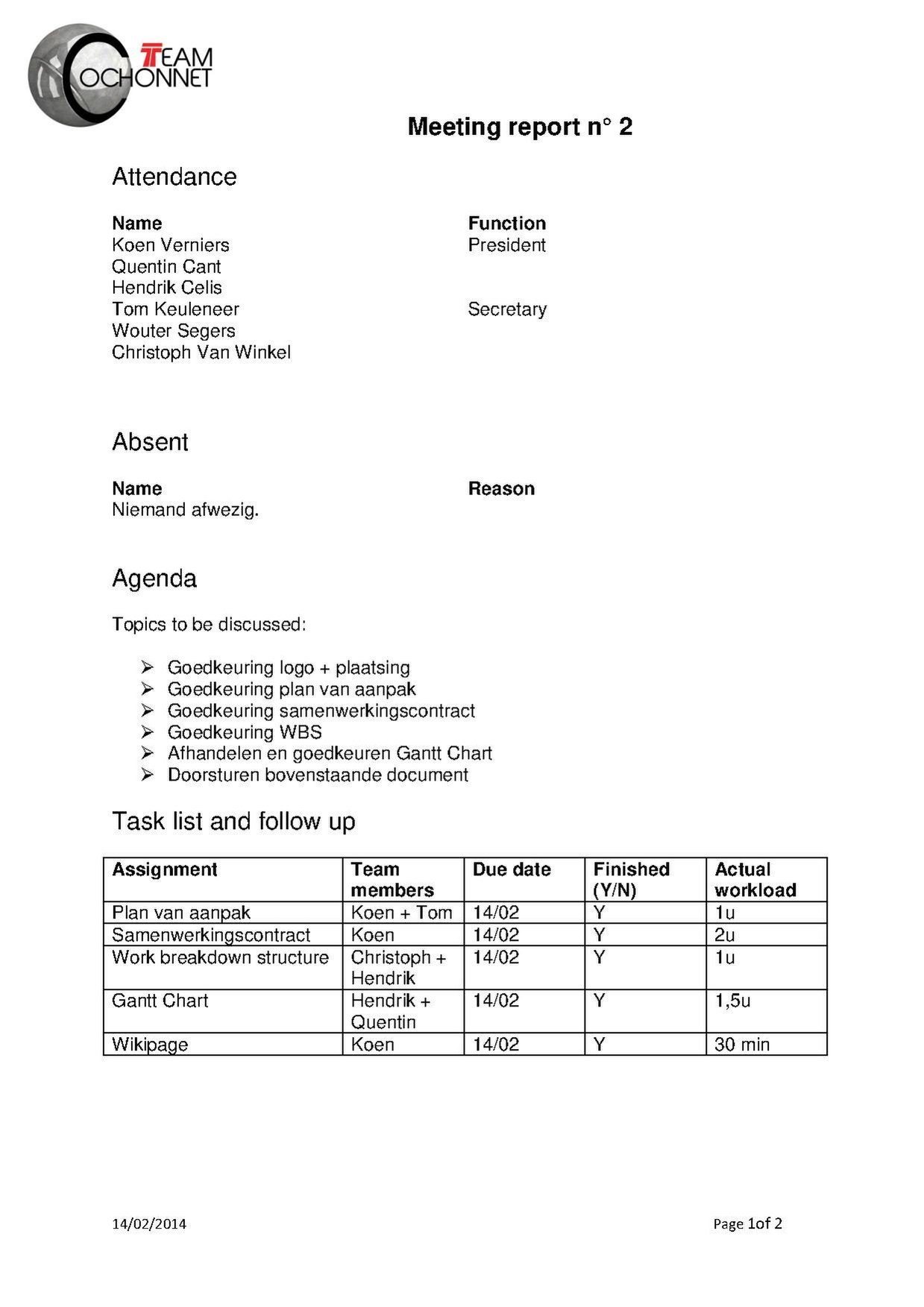 Verslag van de tweed teamvergadering (14/02/14)