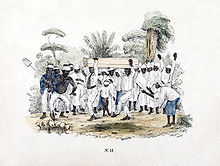 Funeral at slave plantation, Dutch Suriname. 1840-1850. Tropenmuseum Royal Tropical Institute Objectnumber 3444-7 Begrafenis bij plantageslaven2.jpg