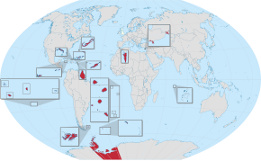 British Overseas Territories citizens may originate from any of the 14 territories (shown in red). United Kingdom (+overseas territories and crown dependencies) in the World (single zoom).svg