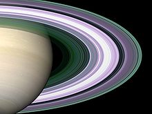 Simulated image using color to present radio-occultation-derived particle size data. The attenuation of 0.94-, 3.6-, and 13-cm signals sent by Cassini through the rings to Earth shows abundance of particles of sizes similar to or larger than those wavelengths. Purple (B, inner A Ring) means few particles are < 5 cm (all signals similarly attenuated). Green and blue (C, outer A Ring) mean particles < 5 cm and < 1 cm, respectively, are common. White areas (B Ring) are too dense to transmit adequate signal. Other evidence shows rings A to C have a broad range of particle sizes, up to m across. Unraveling Saturn's Rings.jpg