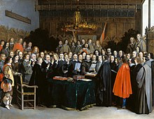 Signing of the Peace of Munster between Spain and the Dutch Republic, 30 January 1648. Westfaelischer Friede in Muenster (Gerard Terborch 1648).jpg