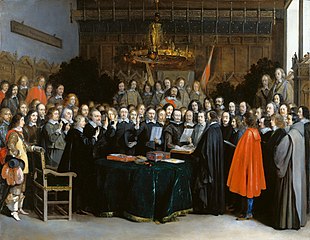 Treaty of Westphalia allowed Calvinism to be freely exercised, reducing the need for Crypto-Calvinism Westfaelischer Friede in Muenster (Gerard Terborch 1648).jpg