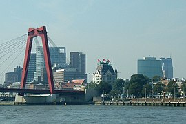 Panorama vu de la rive sud de la rivière Nouvelle Meuse, avec le pont Willemsbrug au premier plan.