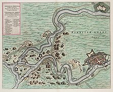 Le fort Crèvecœur (en haut à droite) sur la rive de la Meuse, lors du siège de Zaltbommel de 1599 dans l'Atlas van Loon, 1649.