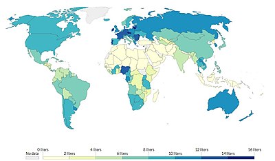 Alcohol consumption per person in 2016. Consumption of alcohol is measured in liters of pure alcohol per person aged 15 or older. AlcoholPerCapita.jpg