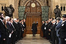 Sarah Clarke (Black Rod) knocks on the chamber door, October 2019 Black Rod knocking Commons door 2019.jpg