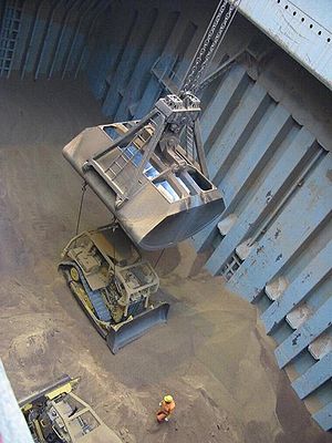 A bulldozer is loaded on a bulk carrier using ...