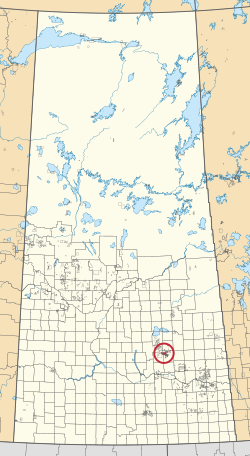 A map of the province of Saskatchewan showing 297 rural municipalities and hundreds of small Indian reserves. One is highlighted with a red circle.