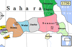 Itä-Afrikan keskiosat 1750-luvulla, Ouaddaï sinisellä.