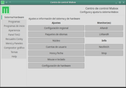 Mabox Linux posee el Centro de Control Mabox (Mabox Control Center), que permite configurar y ajustar el sistema/hardware, programas, programas de inicio, apariencia, panel tint2, recuadro conky, menús y paneles, compositor gráfico, y temas.