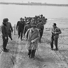 On 25 March, after meeting Eisenhower, Churchill, General Simpson, Field Marshal Alan Brooke (head of the British Army), and Montgomery crossed to the German-held east bank of the Rhine in a landing craft Churchill on the east bank of the Rhine.jpg