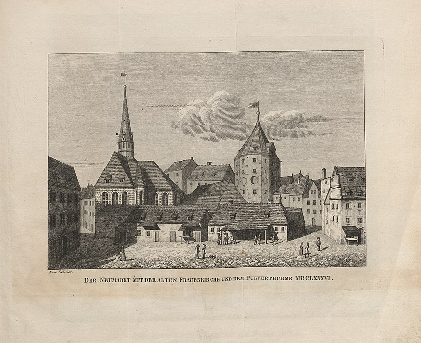 Der Neumarkt mit der alten Frauenkirche und dem Pulverturm, 1686.[4]