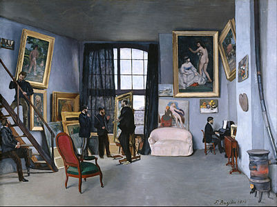 Frédéric Bazille et Édouard Manet, L'Atelier de Bazille (1870), Paris, musée d'Orsay. Émile Zola est représenté dans l'escalier.