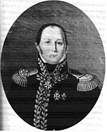 Black and white print shows a clean-shaven man in an elaborate dark military uniform with a high collar, epaulettes and lots of gold braid.