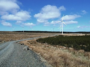 Several wind turbines with a gravel path leading around them.