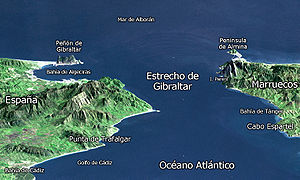 Imagem 3D do Estreito de Gibraltar visto de oeste para leste, com o Cabo Espartel à direita