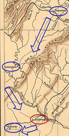 map with arrows showing route of Union army from Staunton to Lynchburg, then west