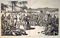 A contemporary print showing the distribution of relief in Bellary, Madras Presidency. From The Illustrated London News (1877). Madras famine 1877.jpg