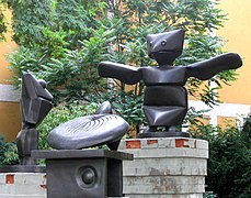Three bronze sculptures: left to right: Large Frog (1967), Turtle (1944), and The Spirit of the Bastille (1961), Lenbachhaus, Munich