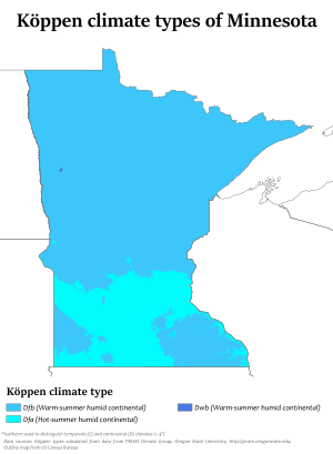 Minnesota map of Koppen climate classification. Minnesota Koppen.svg