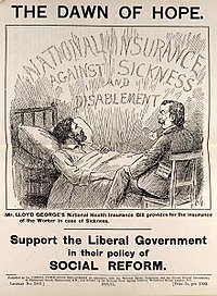 Leaflet, titled "Dawn of hope," showing a sick man being attended to by a doctor, with the caption "Support the Liberal government in their policy of social reform".