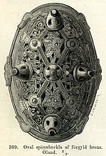 Woodcut showing a tortoise brooch of guilded bronze Öland.