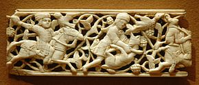 Ivory with traces of paint, 11th-12th century, Egypt Panel hunters Louvre OA 6265-1.jpg