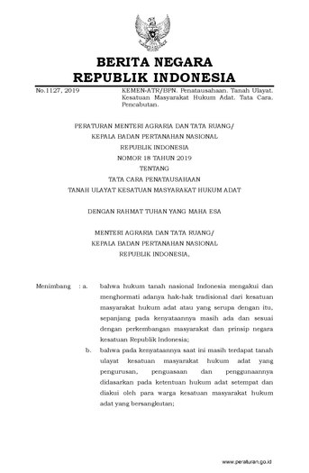 Peraturan Menteri Agraria dan Tata Ruang/Kepala Badan Pertanahan Nasional Republik Indonesia Nomor 18 Tahun 2019 tentang Tata Cara Penatausahaan Tanah Ulayat Kesatuan Masyarakat Hukum Adat