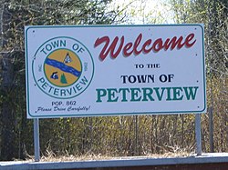 Peterview's welcome sign on the only road into the community.