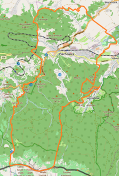 Mapa konturowa Piechowic, po lewej znajduje się punkt z opisem „źródło”, powyżej na prawo znajduje się również punkt z opisem „ujście”