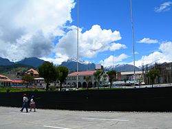 Main square in Huaraz with the Cordillera Blanca in the background