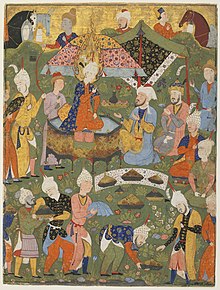 Joseph Enthroned. Folio from the "Book of Omens" (Falnama), Safavid dynasty. 1550. Freer Gallery of Art. This painting would have been positioned alongside a prognostic description of the meaning of this image on the page opposite (conventionally to the left). The reader would flip randomly to a place in the book and digest the text having first viewed the image. Safavid Dynasty, Joseph Enthroned from a Falnama (Book of Omens), circa 1550 AD.jpg