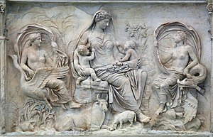 The attributes of the central figure on this panel of the Ara Pacis mark her as an earth and mother goddess, often identified as Tellus. Tellus - Ara Pacis.jpg