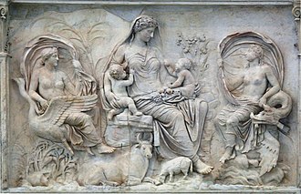Divine semi-nudity on the Augustan Altar of Peace, combining Roman symbolism with a Greek stylistic influence Tellus - Ara Pacis.jpg