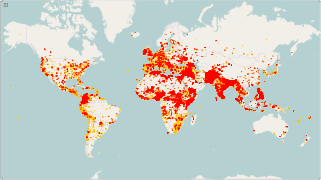 Terrorist incidents, 1970–2015. A total of 157,520 incidents are plotted. Orange: 1970–1999, Red: 2000–2015