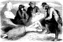 Jeanne, allongée et endormie, occupe le centre de l'image tandis que les trois hommes, assis autour d'elle, la regardent d'un air pensif.